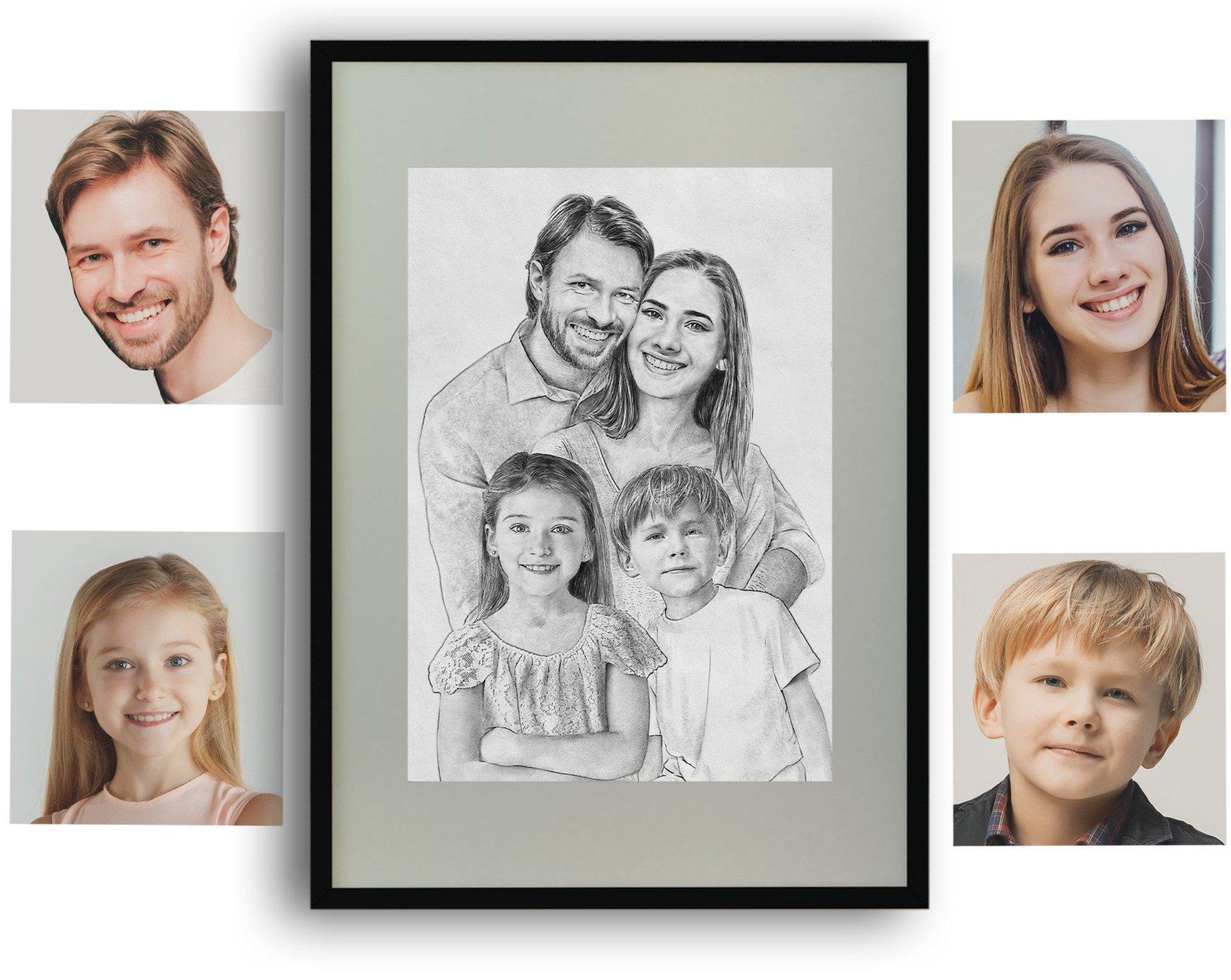 Custom hand drawn family portrait from photo